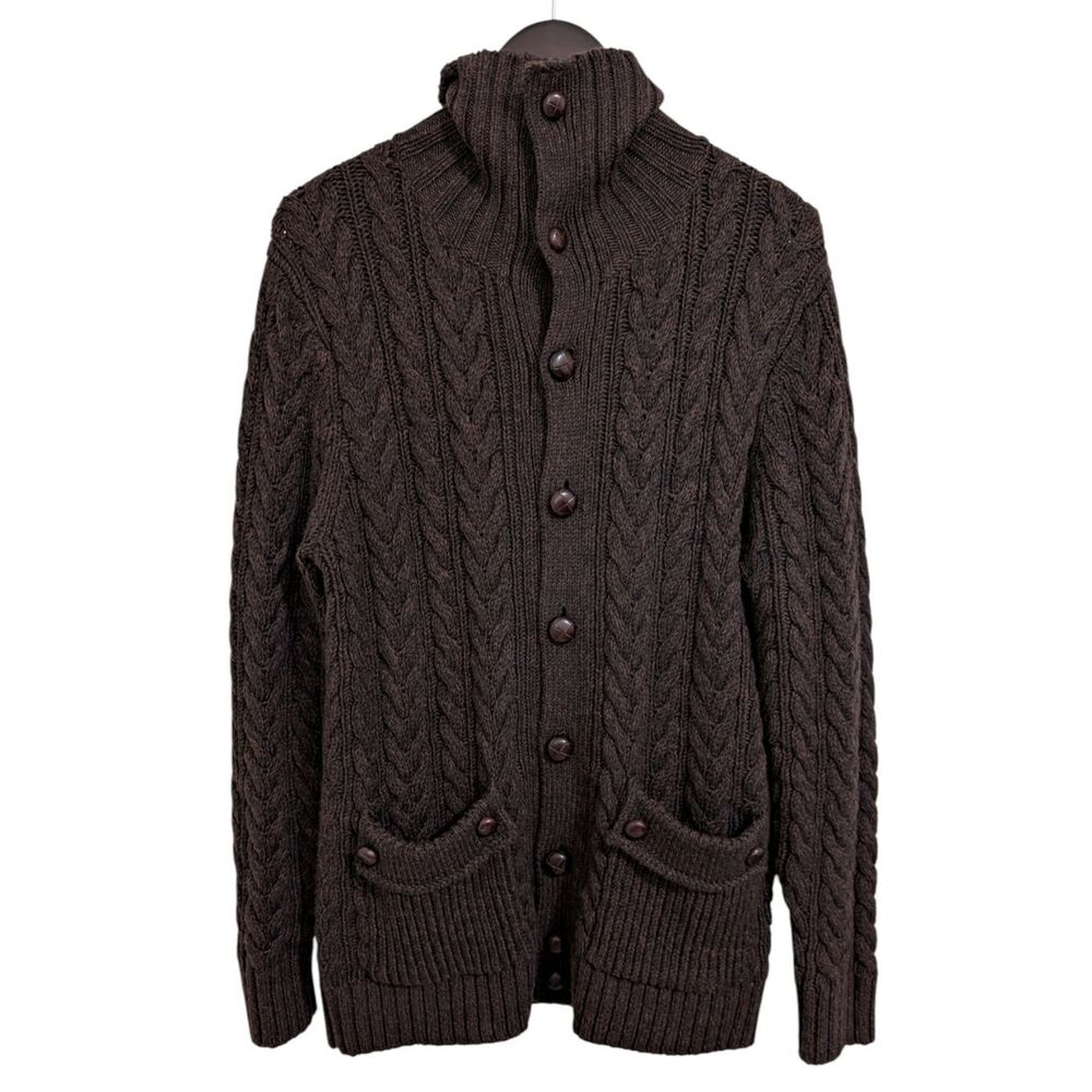 Mr. Turk Men's Brown 100% Merino Wool Cable Knit Cardigan - Medium